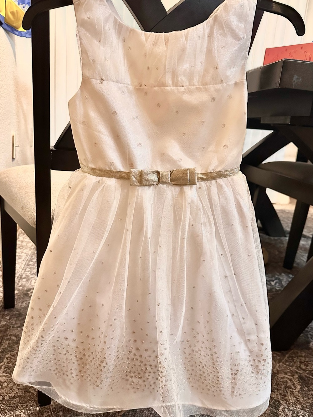 Jona Michelle Cream and Gold Sparkle Bow Girls Formal Dress